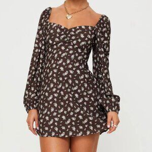 Princess Polly Landon Long Sleeve Mini Dress - Brown Floral, Size 10